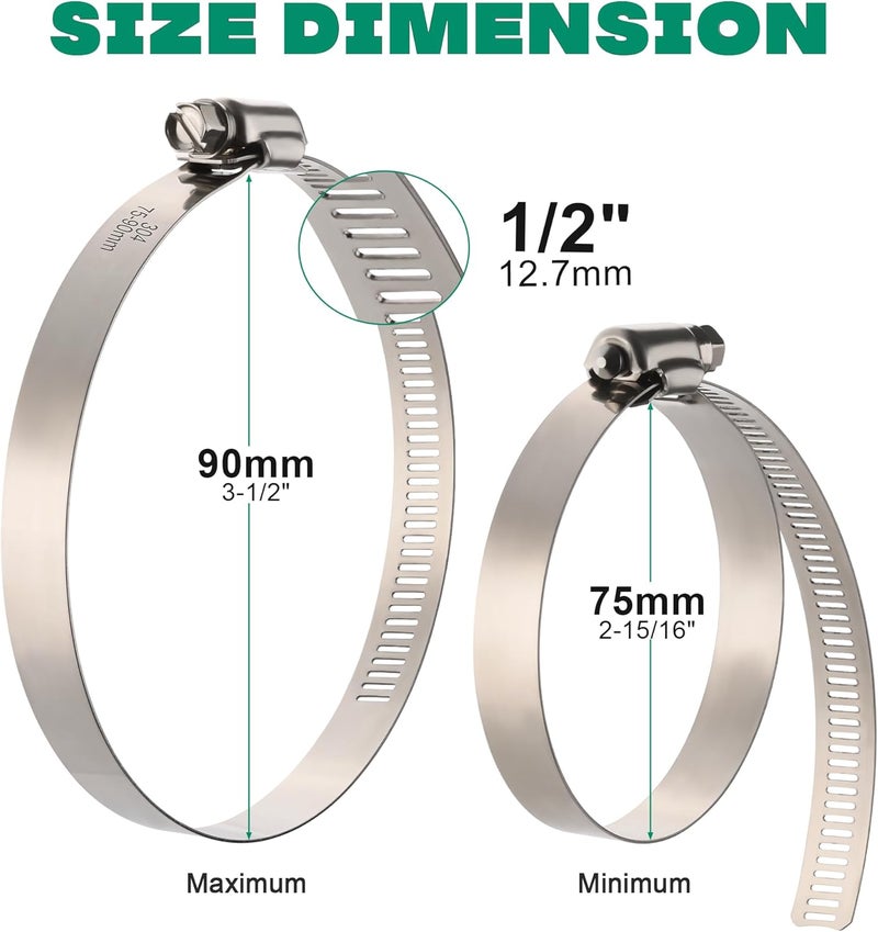 ORU Large Hose Clamps, 10 Pack 3 Inch Stainless Steel Hose Clamps Adjustable from 2-15/16"-3-1/2"/75-90mm, Metal Worm Gear Duct Clamp for Air Ducting, Dryer Vent Hose, Fuel Line, Automotive - Image 2
